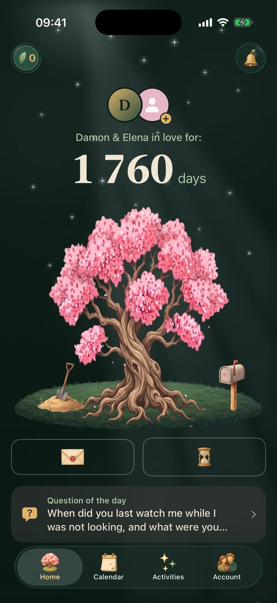Grow Love home screen with the day counter and blossoming tree, dark theme