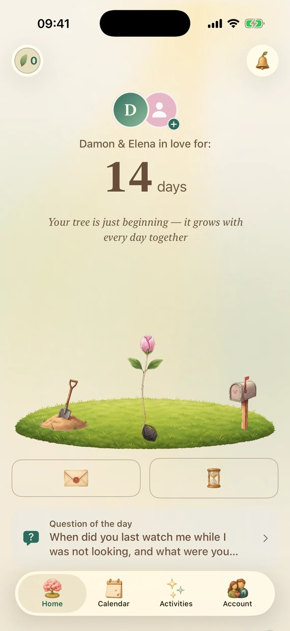 Grow Love home screen at the start with a young sprout, light theme