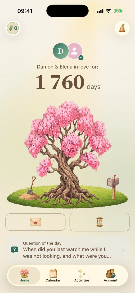 Grow Love home screen with the day counter and blossoming tree, light theme